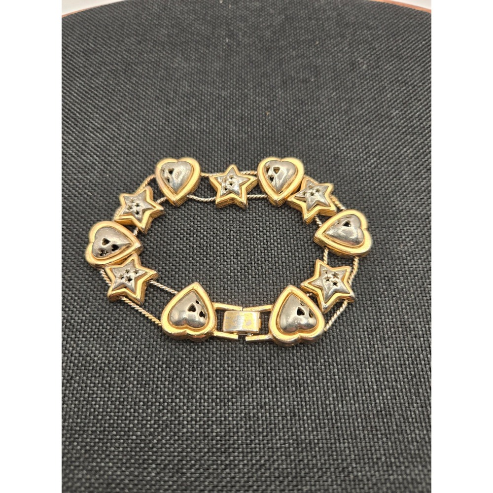 Vintage Two Tone Heart and Star Link Bracelet Gold Silver Tone 7 Inch